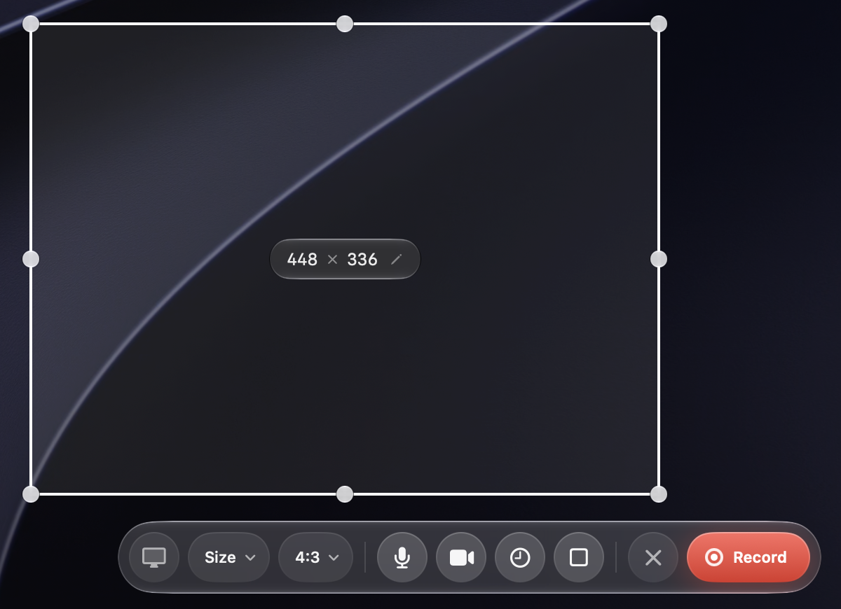 Luxel area selection with boundary box, dimension pill, and recording toolbar
