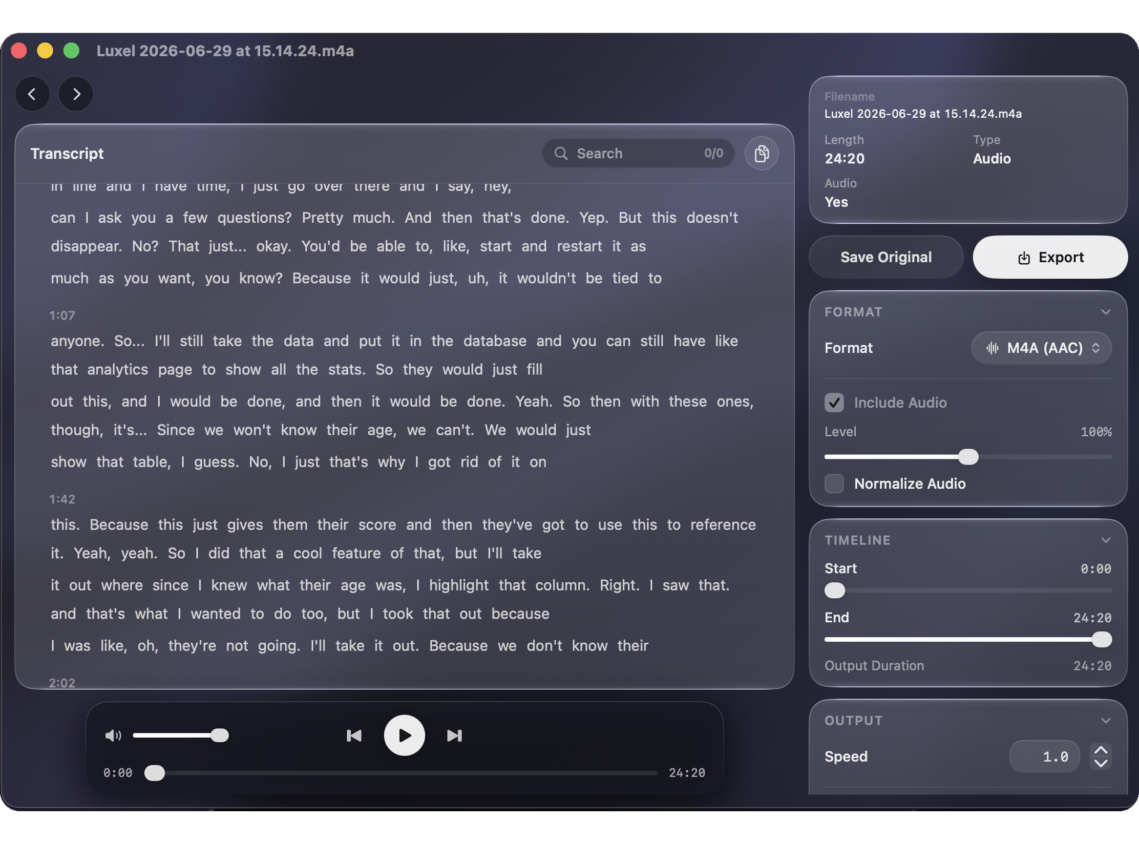 Luxel editor with searchable transcript