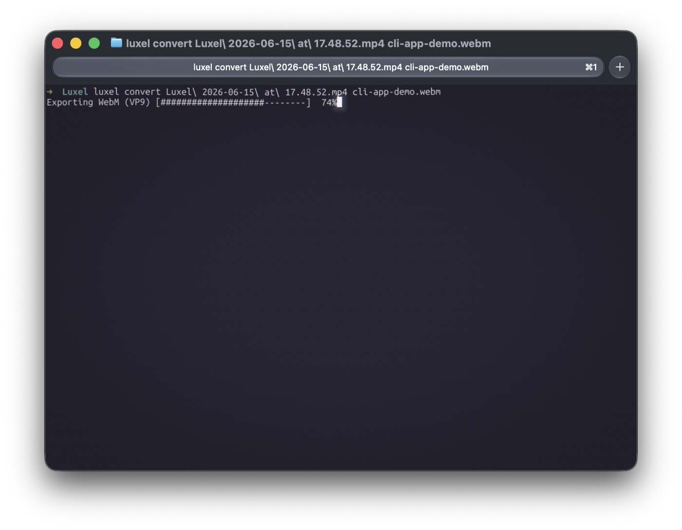 Luxel command line converting an MP4 file to WebM with an export progress bar.