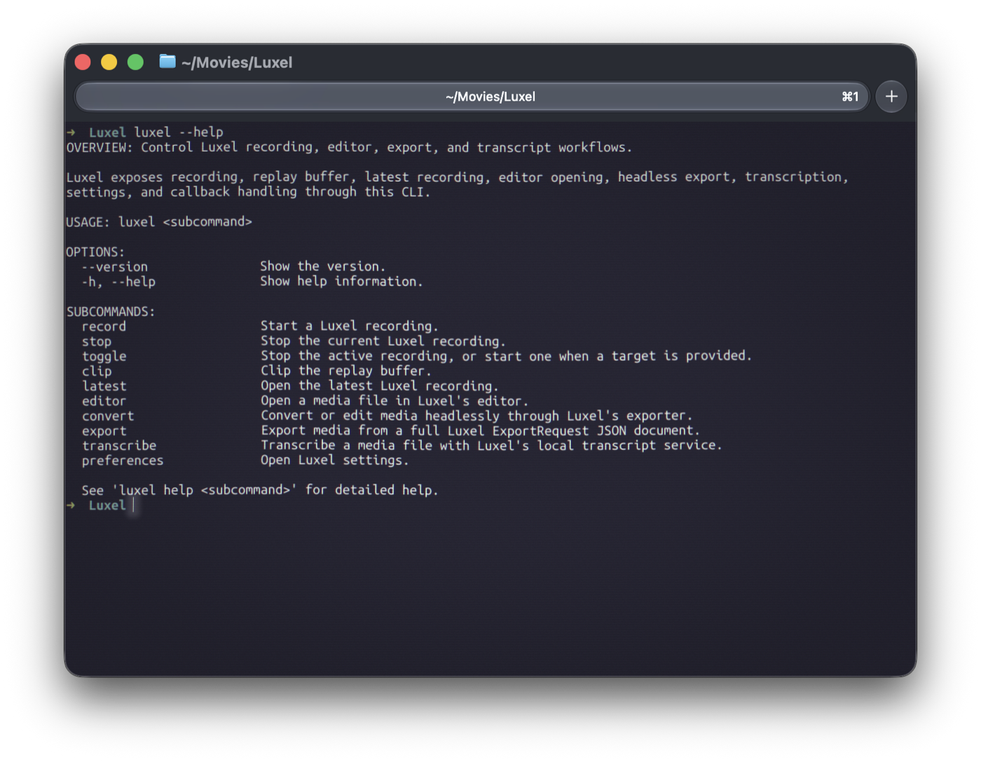 Luxel command-line help output listing record, stop, toggle, clip, latest, editor, convert, export, transcribe, and preferences commands.