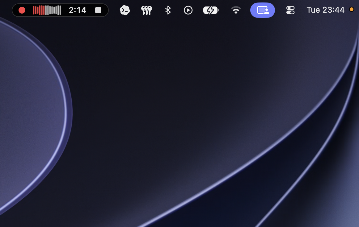 Luxel active recording state in the menu bar with indicator, waveform, elapsed time, and stop control