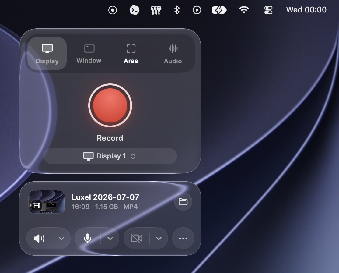 Luxel menu bar capture panel below the macOS menu bar