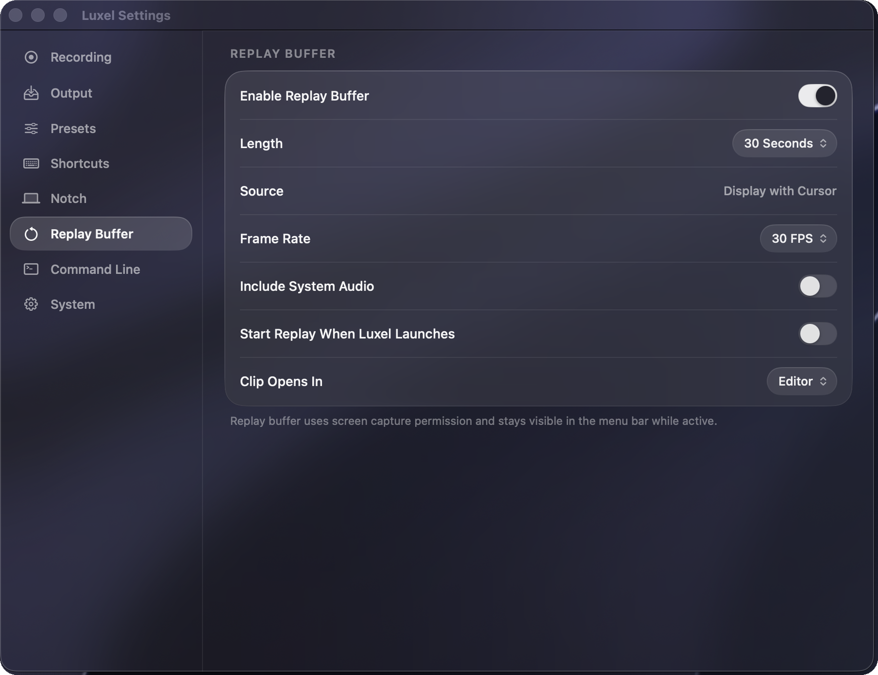 Luxel Replay Buffer settings window